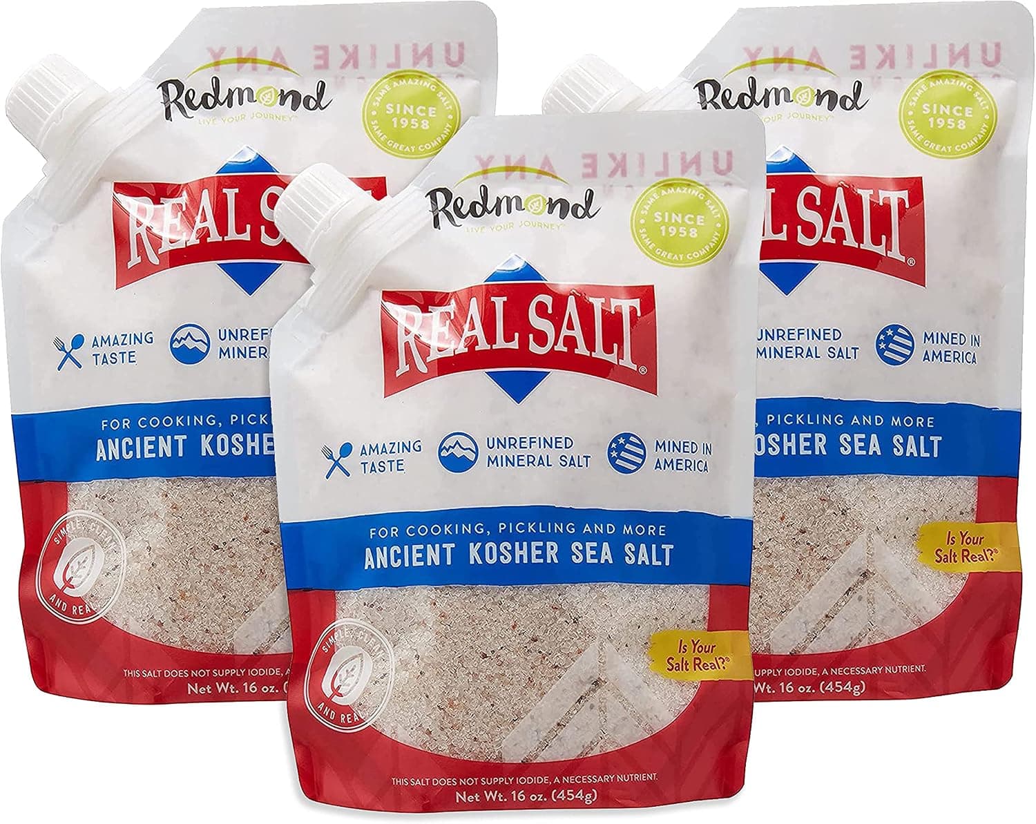 Redmond Real Kosher Salt, 16 Ounce Pouch (3 Pack)