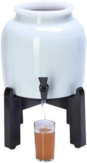 Get Kombucha Continuous Brew Kit with 2.5 Gallon Porcelain Brewing Vessel and Handcrafted Wood Stand