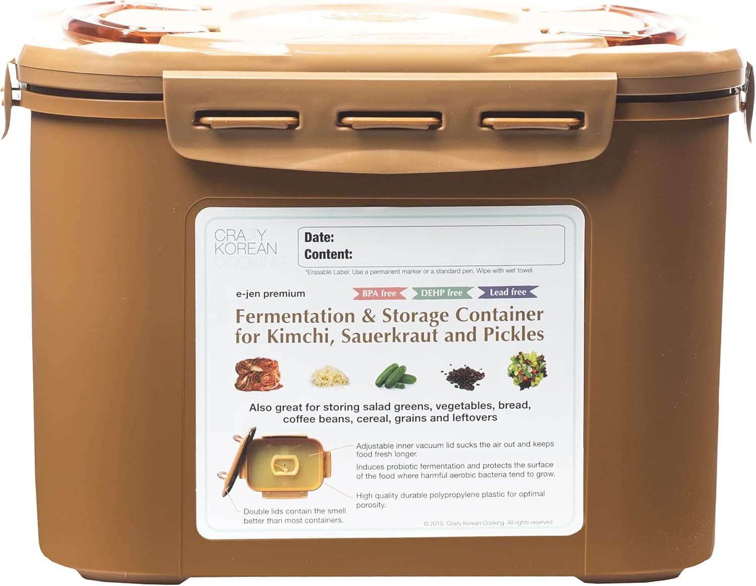 Crazy Korean Cooking Premium Kimchi Sauerkraut Fermentation and Storage Container with Inner Vacuum Lid 2.2 Gallon
