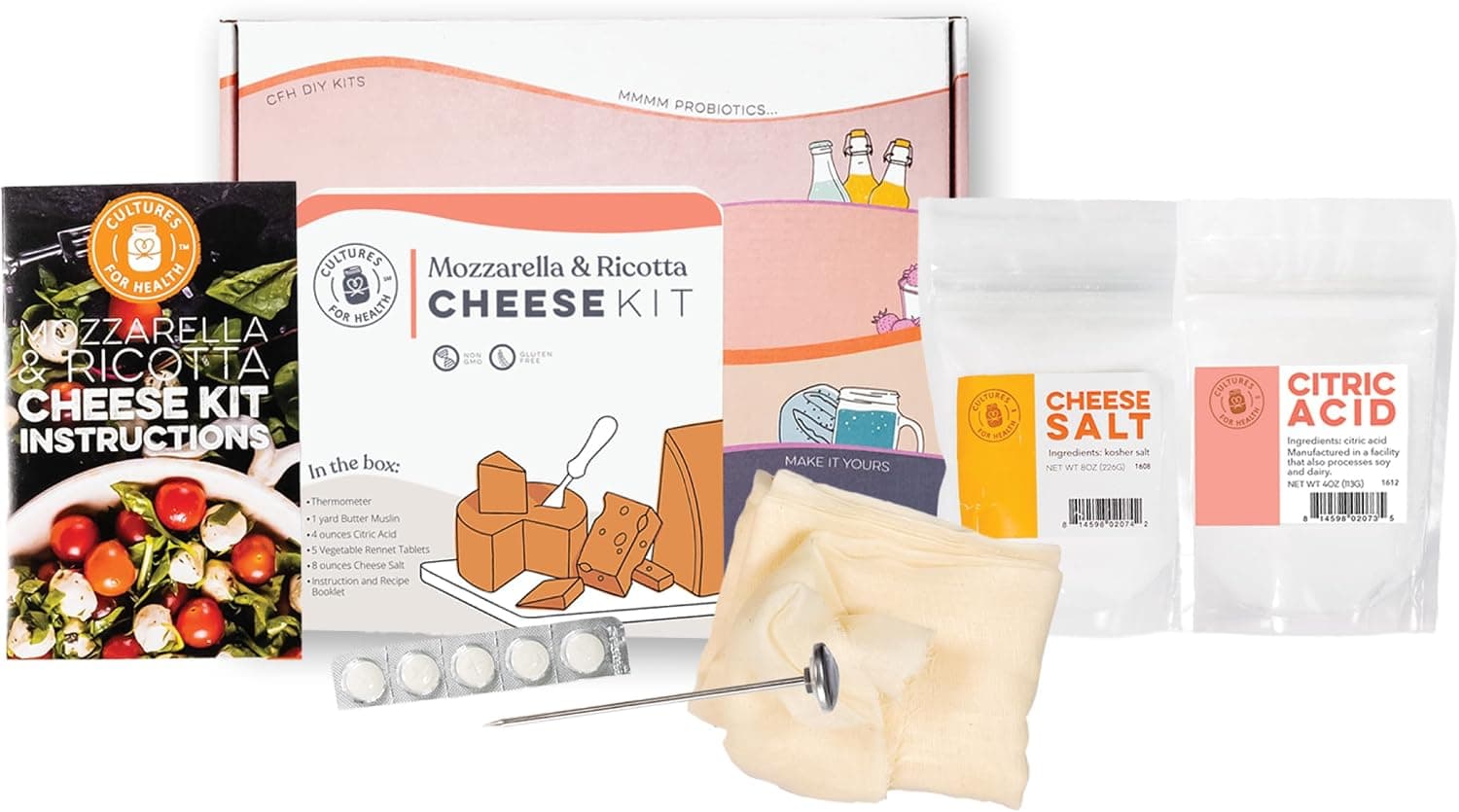 Mozzarella and Ricotta Cheese Making Kit, 5 Piece DIY Kit with Cheesecloth and Rennet