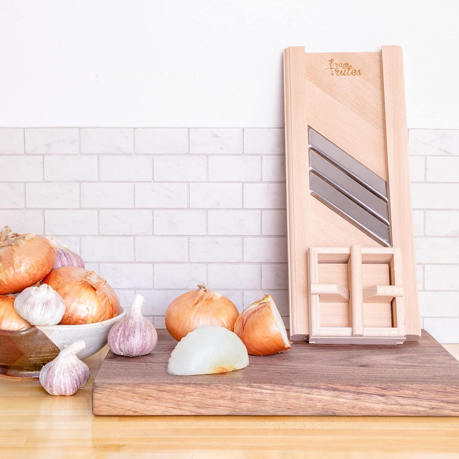 Compact Wooden Cabbage Shredder Slicer with Hand Guard for Finely Cut Sauerkraut and Coleslaw