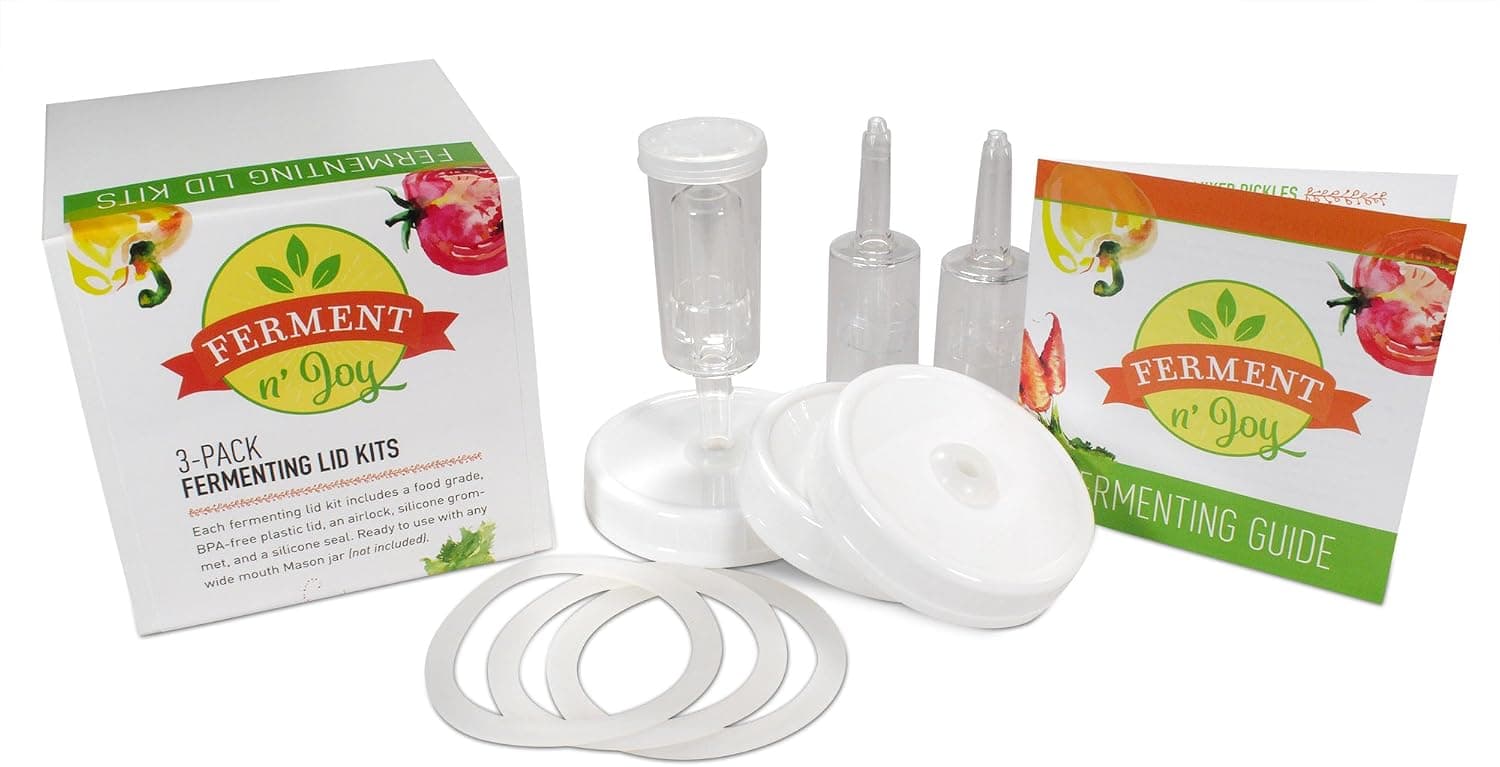 Ferment N' Joy Fermenting Lid Kit with Airlocks for Wide Mouth Mason Jars, Pack of 3