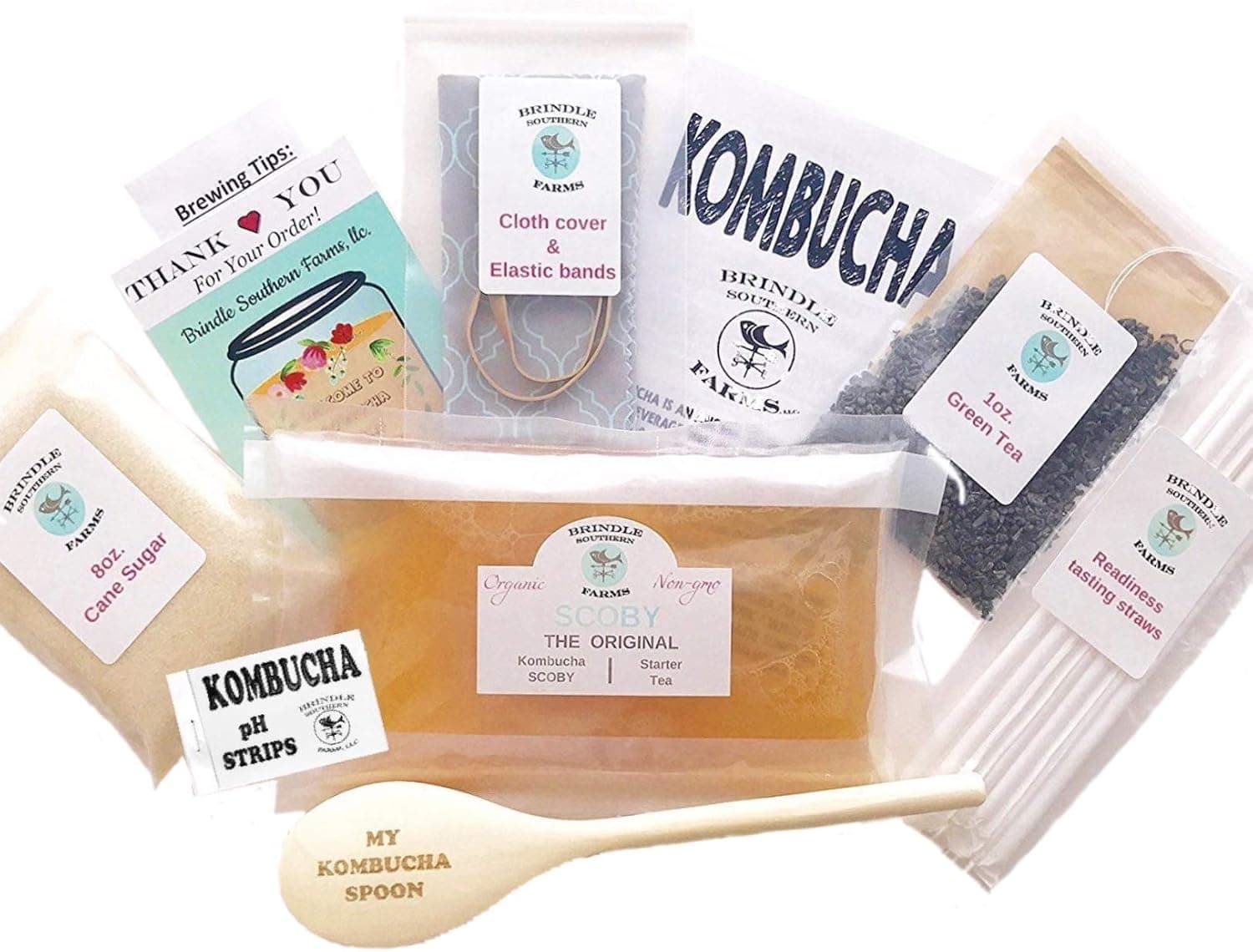 Brindle Southern Farms Kombucha Making Kit with SCOBY, Starter Tea, Sugar, Tea and Instructions