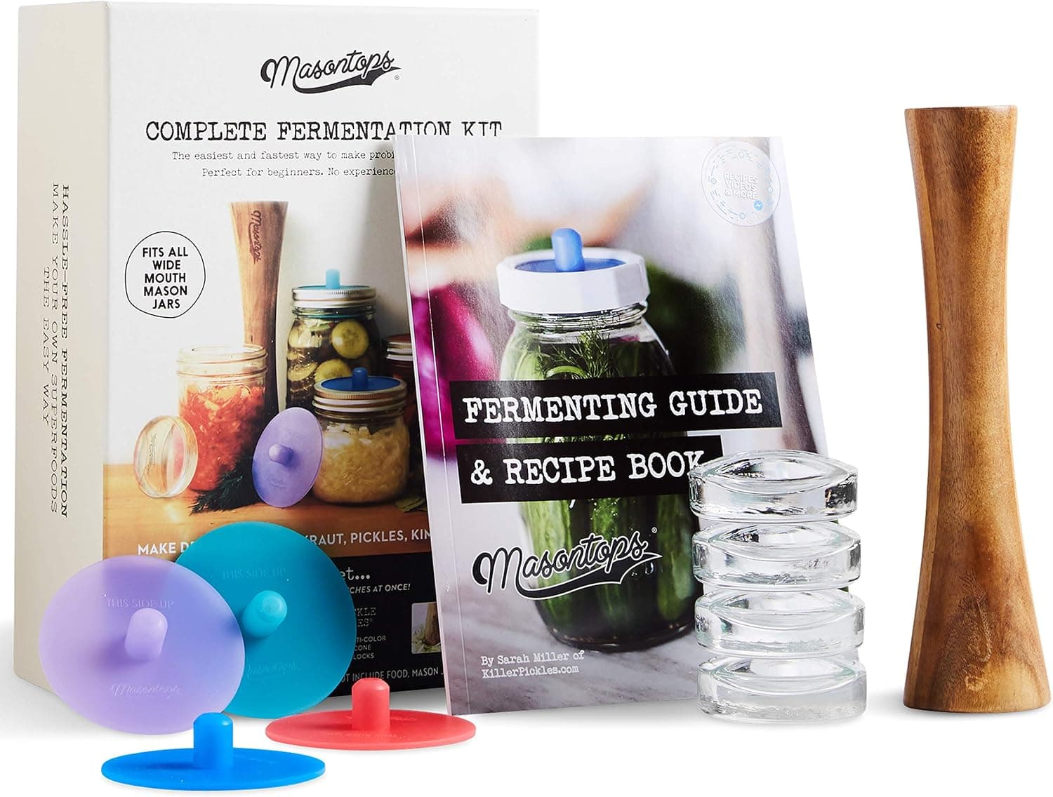 Masontops Complete Mason Jar Fermentation Kit with Pickle Pipes, Pebble Weights and Vegetable Tamper