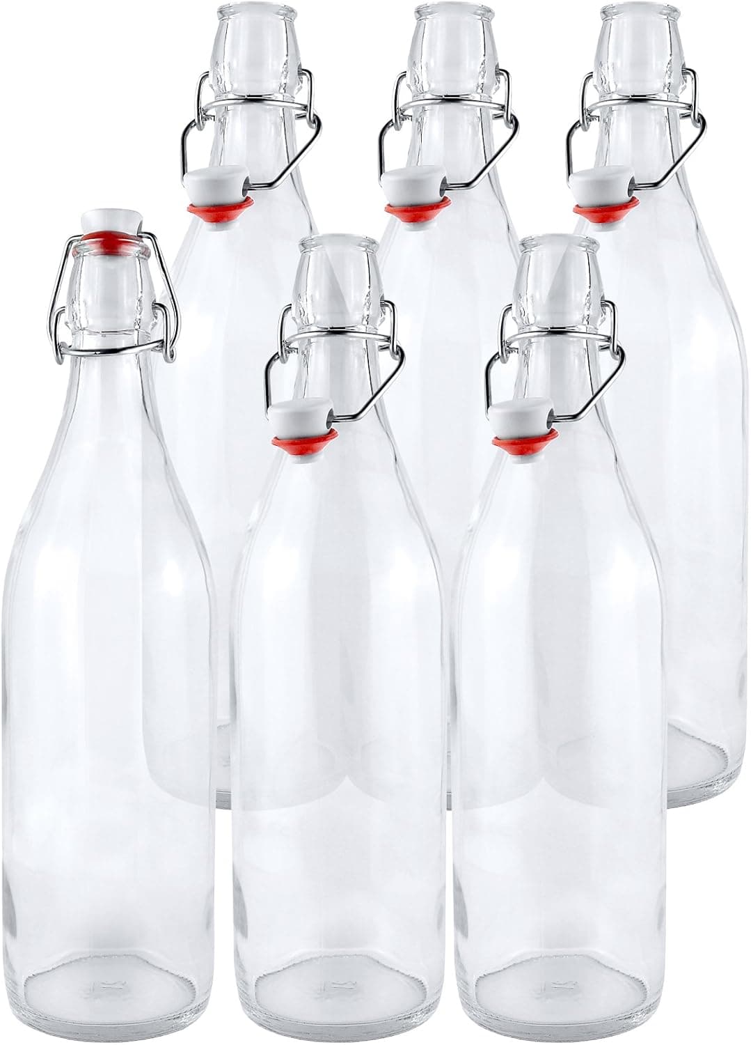 Estilo Swing Top Clear Glass Bottles, 16oz Set of 6 Easy Cap Bottles with Stoppers