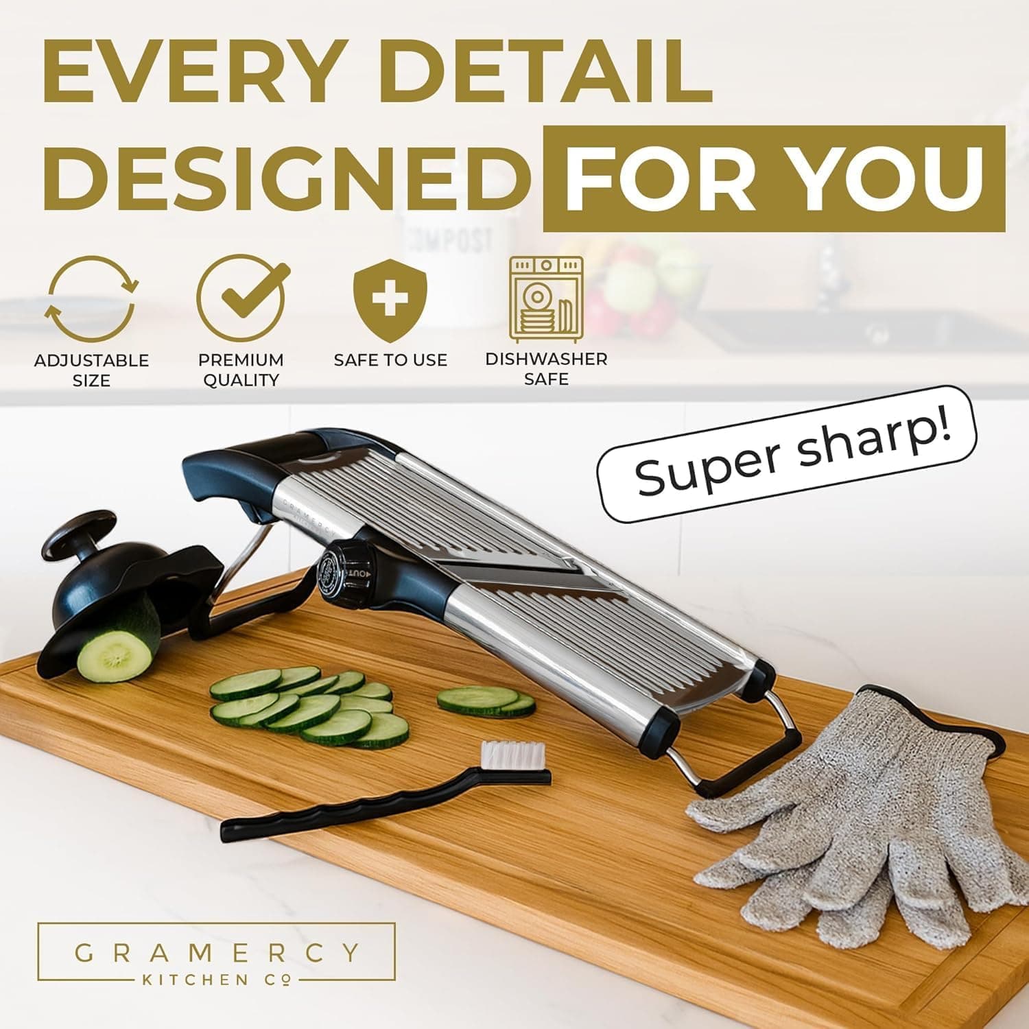 Gramercy Adjustable Mandoline Food Slicer, Stainless Steel, Including Cut-Resistant Gloves, Black PRO