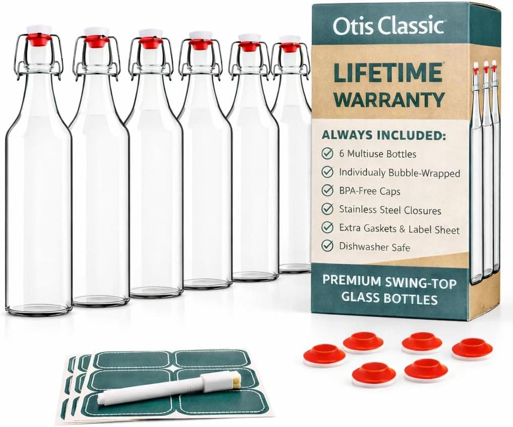 Otis Classic Swing Top Glass Bottles, Set of 6, 16oz with Marker and Labels