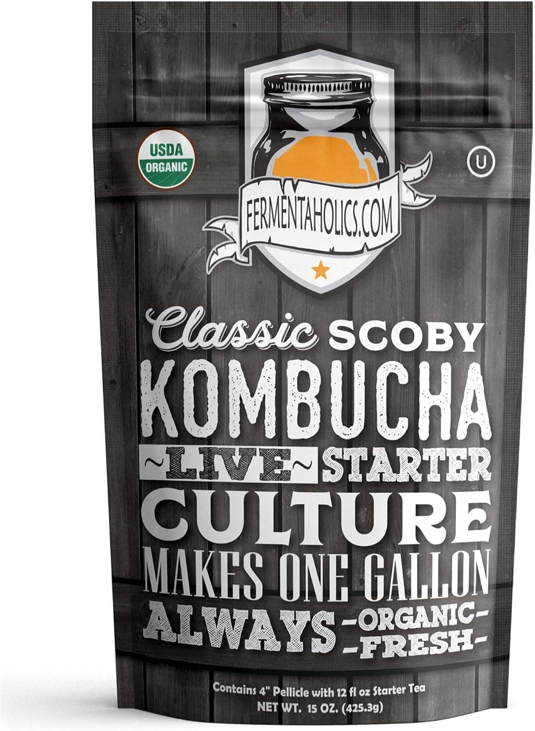 Fermentaholics Organic Kombucha SCOBY with Twelve Ounces of Starter Tea - Makes a One Gallon Batch