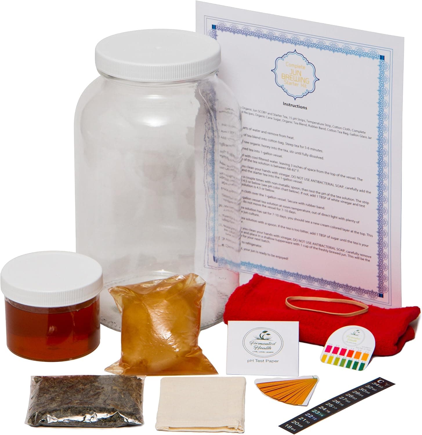 Deluxe DIY Jun Kombucha Brewing Starter Kit - Organic Jun Scoby with Six Swing Top Bottles, Funnel and Brush