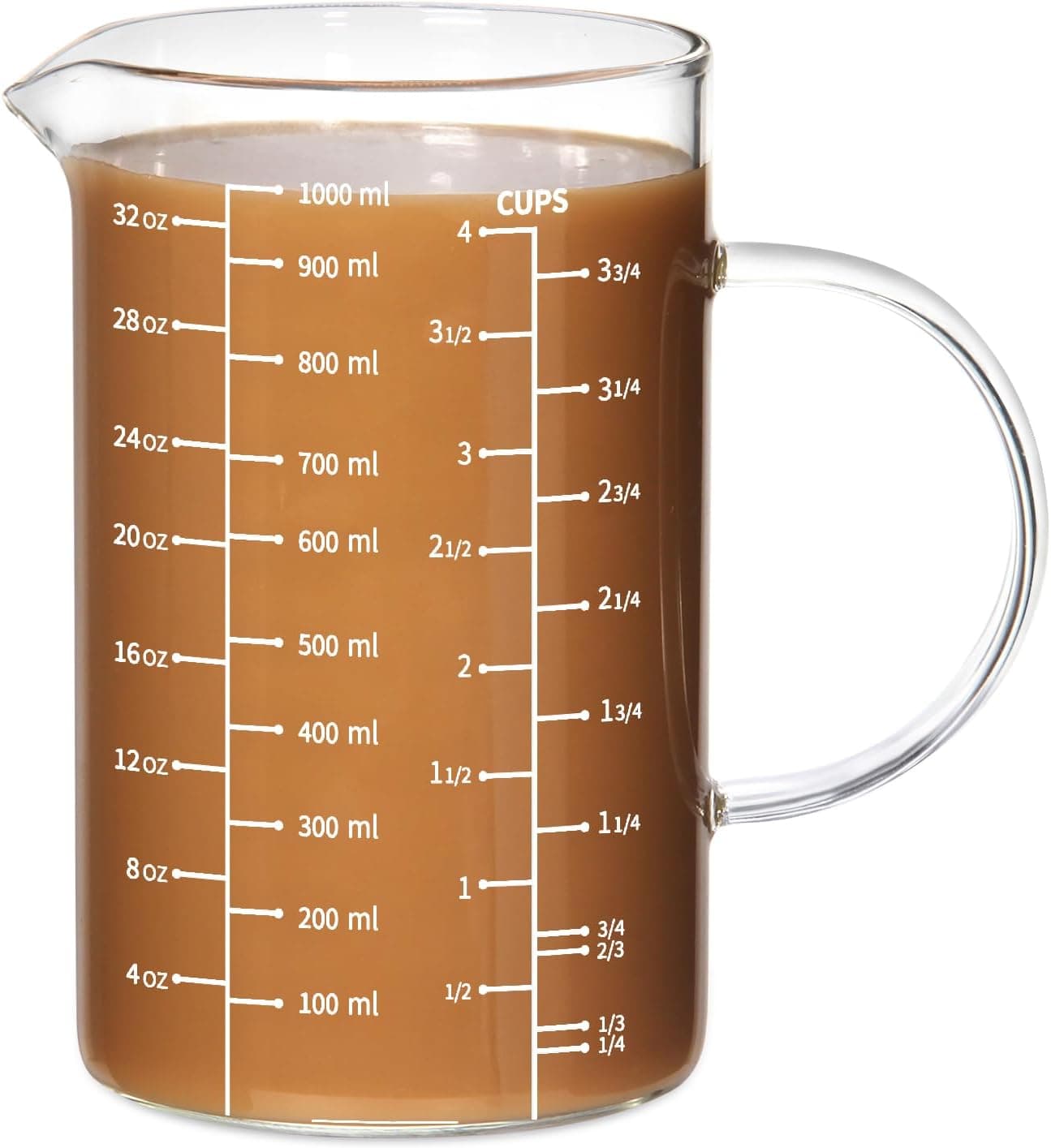 77L Glass Measuring Cup with Insulated Handle and V-Shaped Spout, High Borosilicate, 1000 ml (1 Liter, 4 Cup)