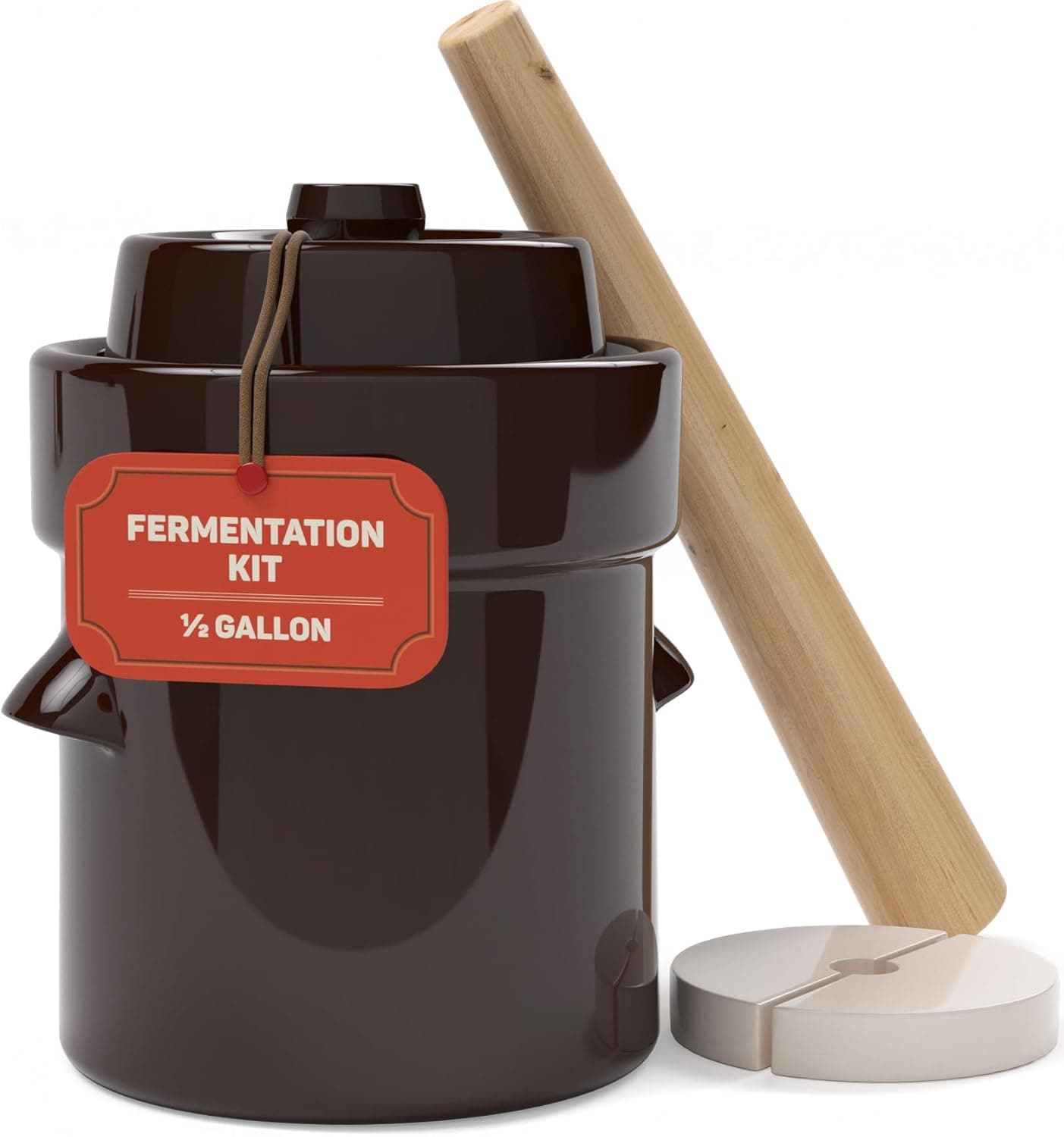 Kenley Fermentation Crock 1/2 Gallon - Sauerkraut Crock with Lid, Weights and Pounder, 2 Liter Stoneware Pickle Pot
