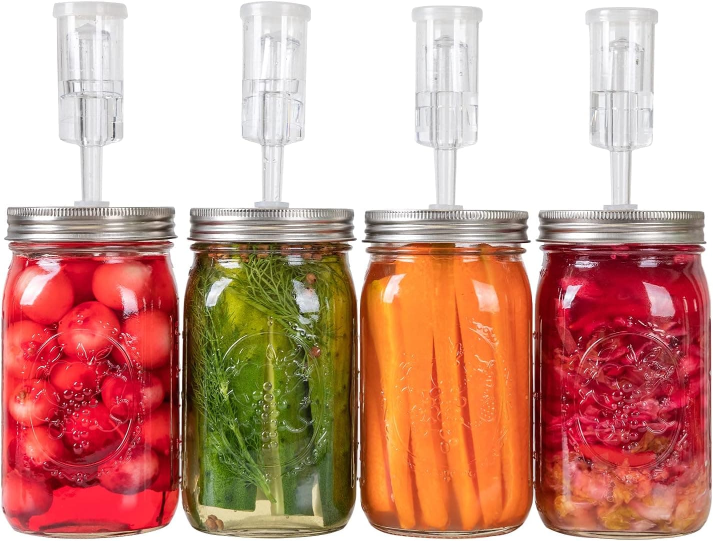 Jillmo Fermentation Lids for Wide Mouth Mason Jars, Stainless Steel with Airlocks and Silicone Grommets, 4 Pack