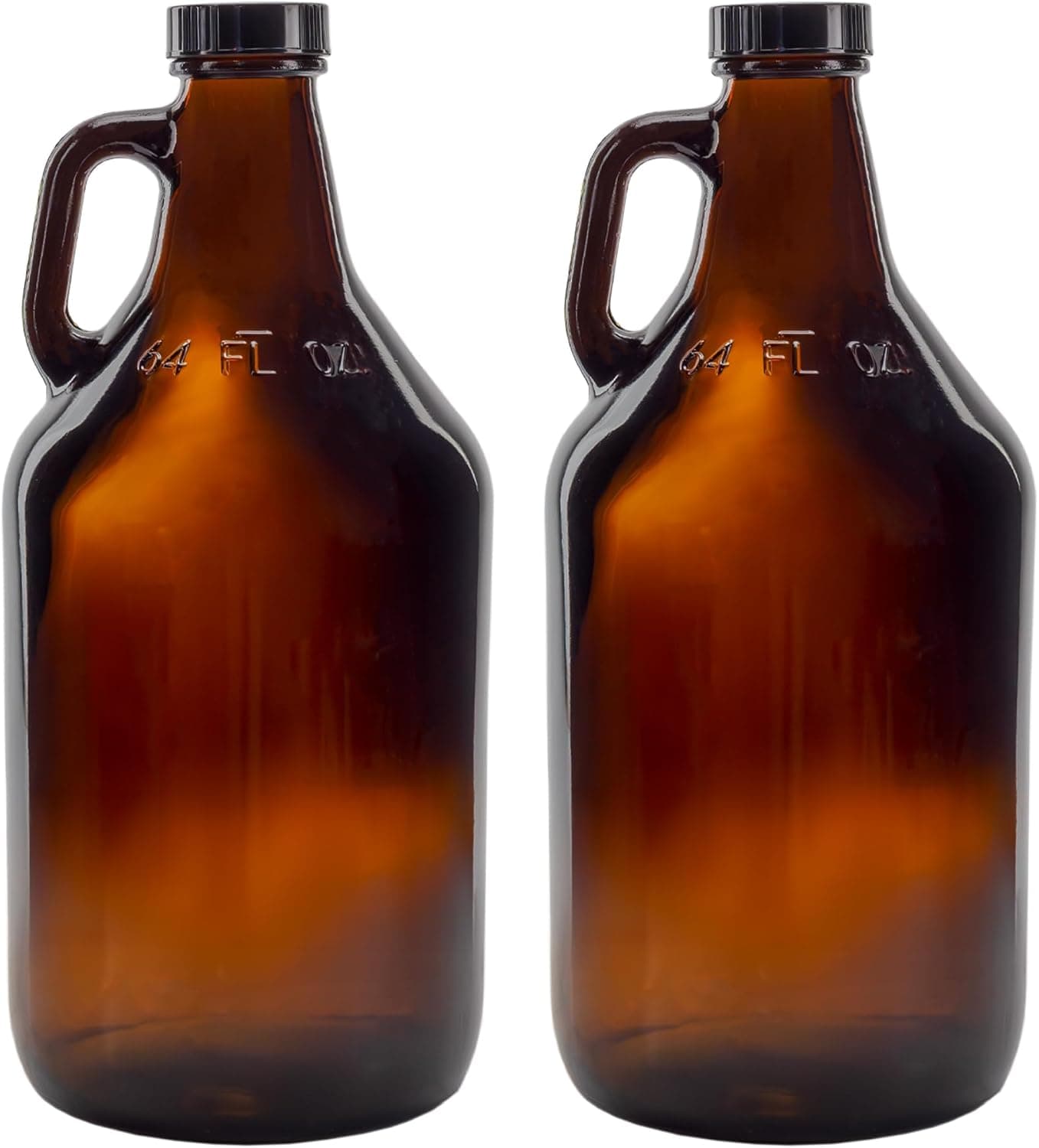 Cornucopia Brands 64 oz Amber Glass Growler Jugs (2-Pack) with Black Phenolic Lids for Kombucha and Home Brew