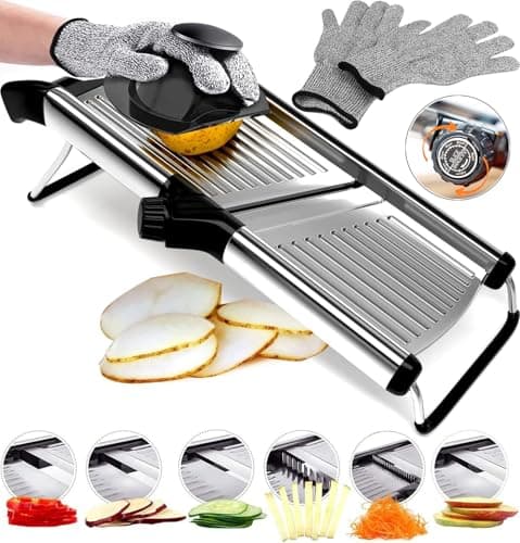 Stainless Steel Mandoline Slicer for Kitchen - 6-Setting Adjustable, 16.5 x 5 In. Platform, Hand Guard, Cut-Resistant Gloves - Vegetable Chopper, Meat Slicer, Cheese Slicer by Medove