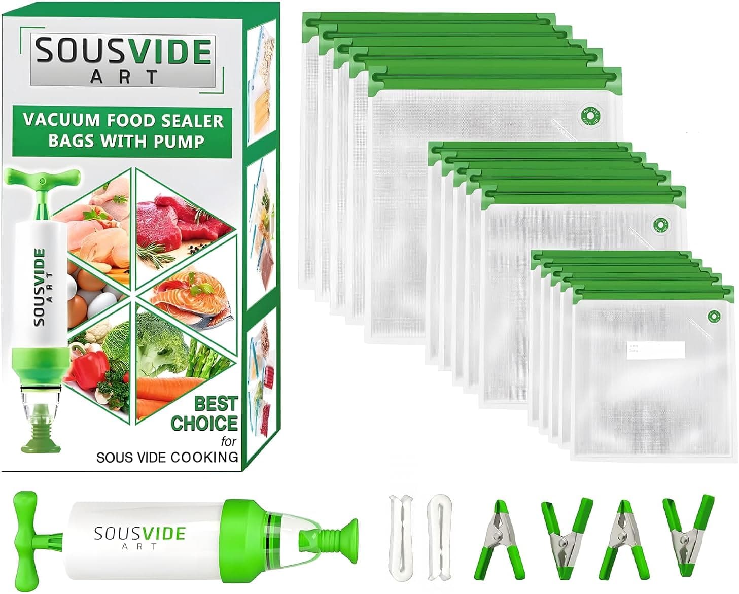 SOUSVIDE ART 37 pcs Reusable Vacuum Seal Bags with Vacuum Sealer Pump, 3 Sizes, Food Safe Kit