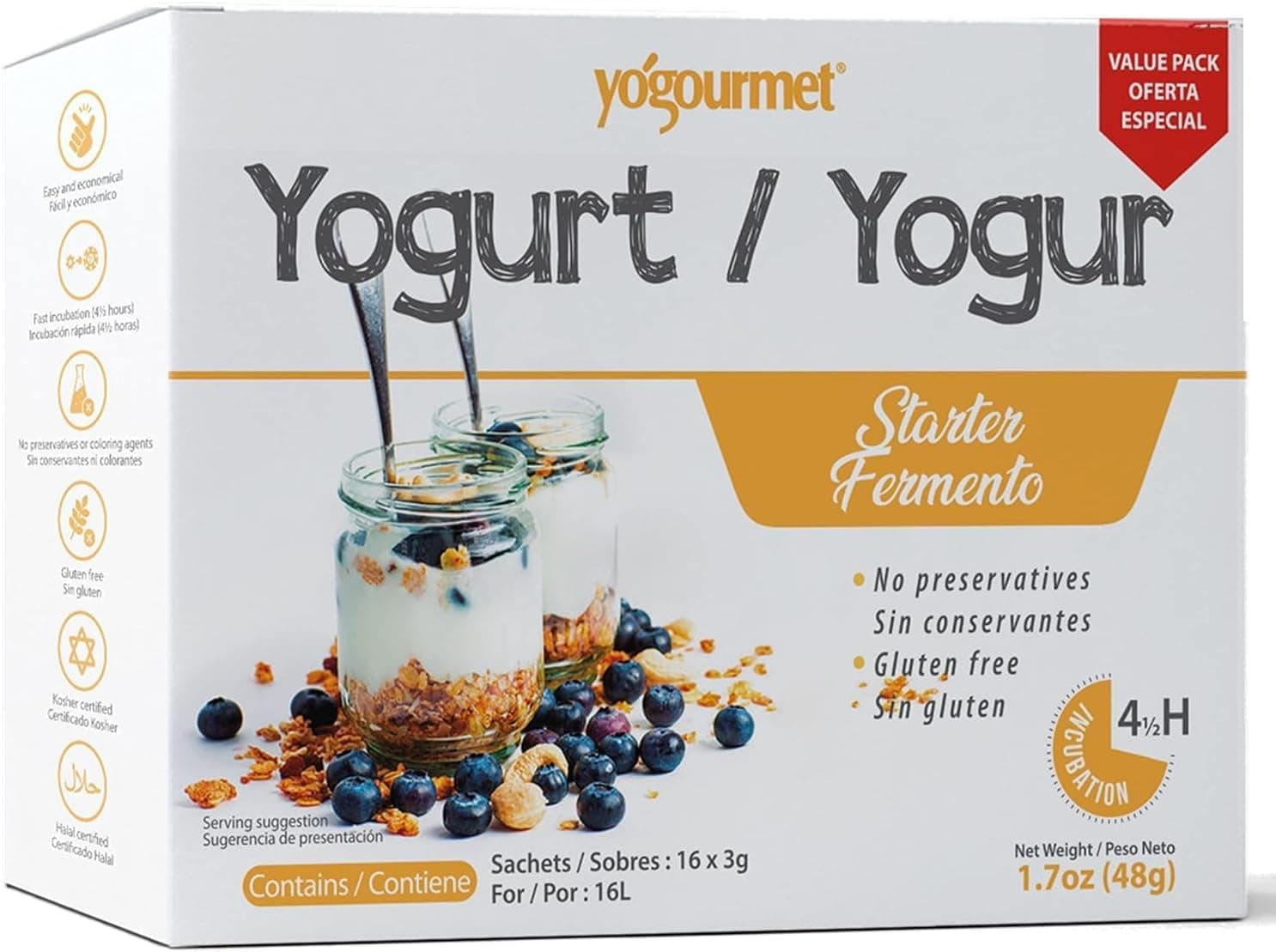 Yogourmet Freeze Dried Yogurt Starter, 16 Pack, 3 g Sachets