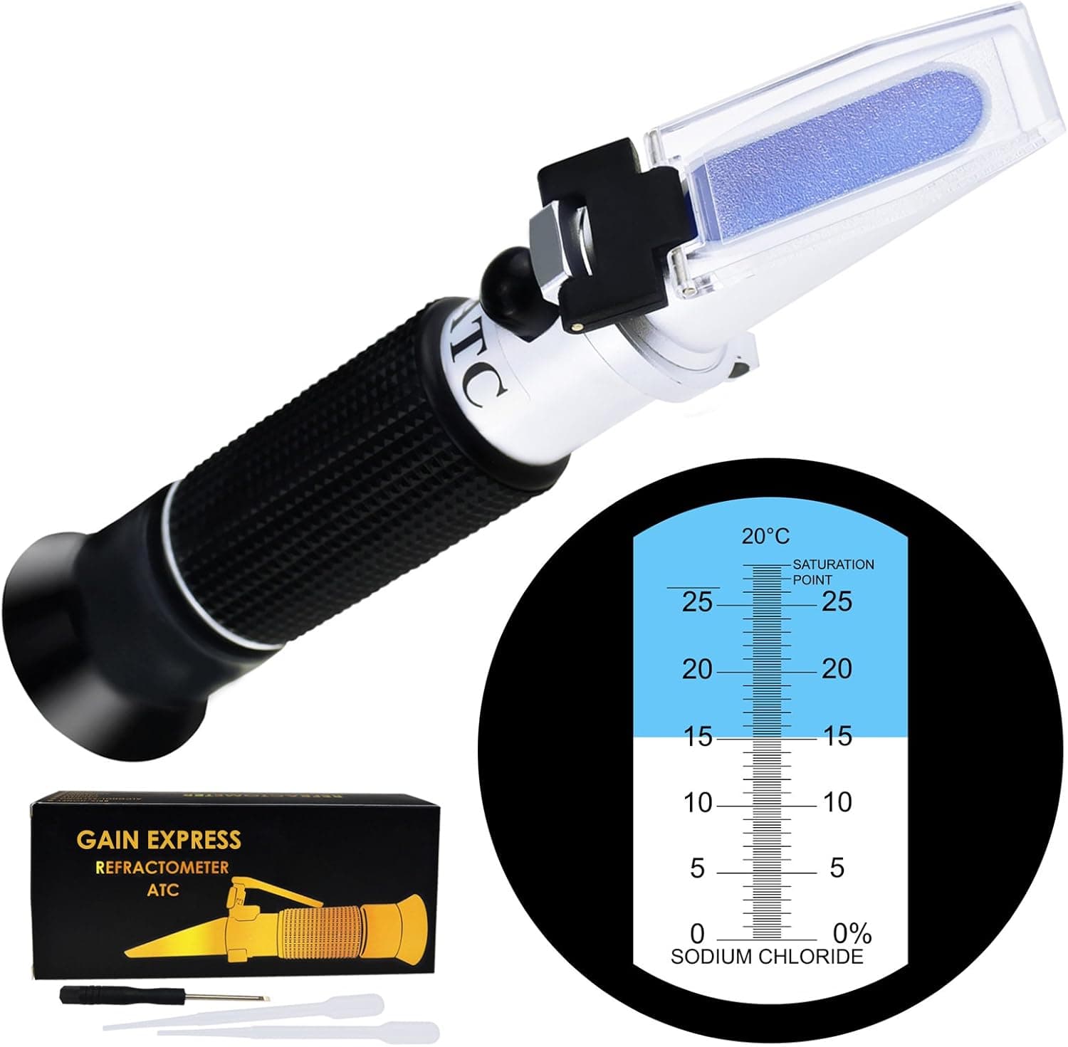 0-28% Salinity Refractometer ATC, Sodium Chloride (NaCl) Salt Level Meter Tester for Brine, Seawater, Pickle, Soy Sauce, 0.2% Accuracy