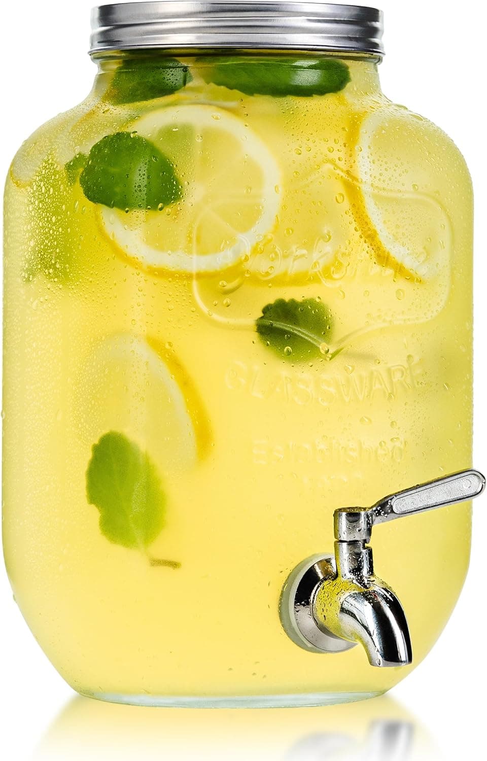 Yorkshire 1 Gallon Glass Beverage Drink Dispenser with Metal Spigot, Wide Mouth Mason Jar Glassware