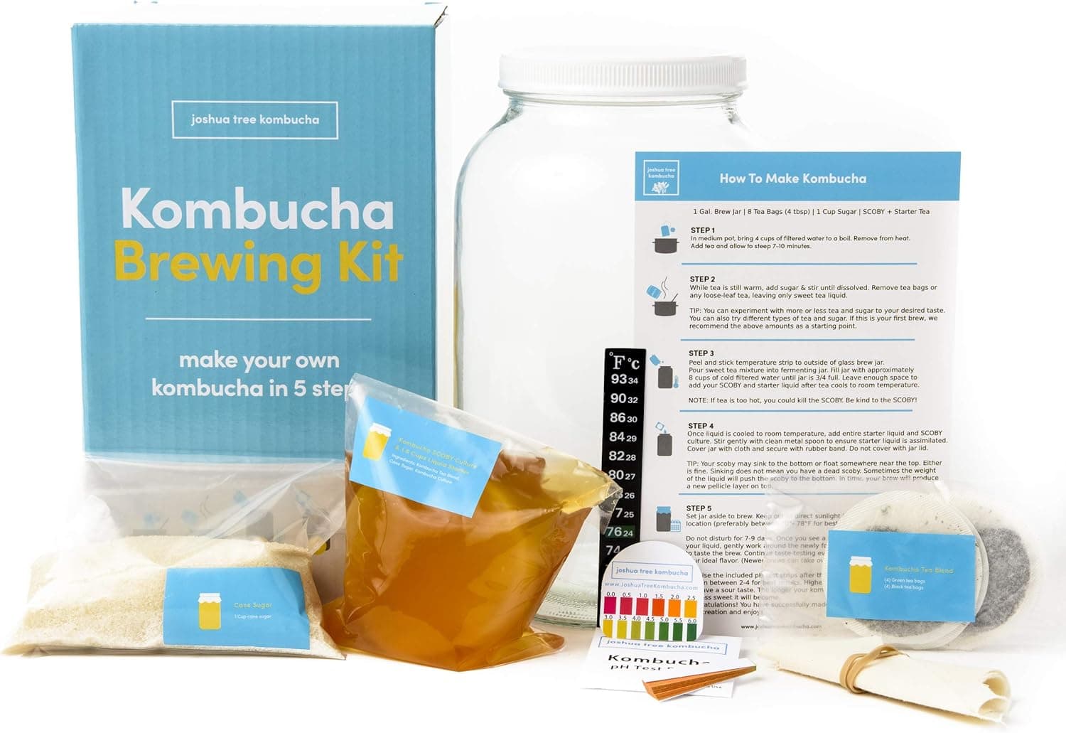 Joshua Tree Kombucha Complete Starter Kit with SCOBY, 1 Gallon Glass Fermenting Jar and pH Test Strips