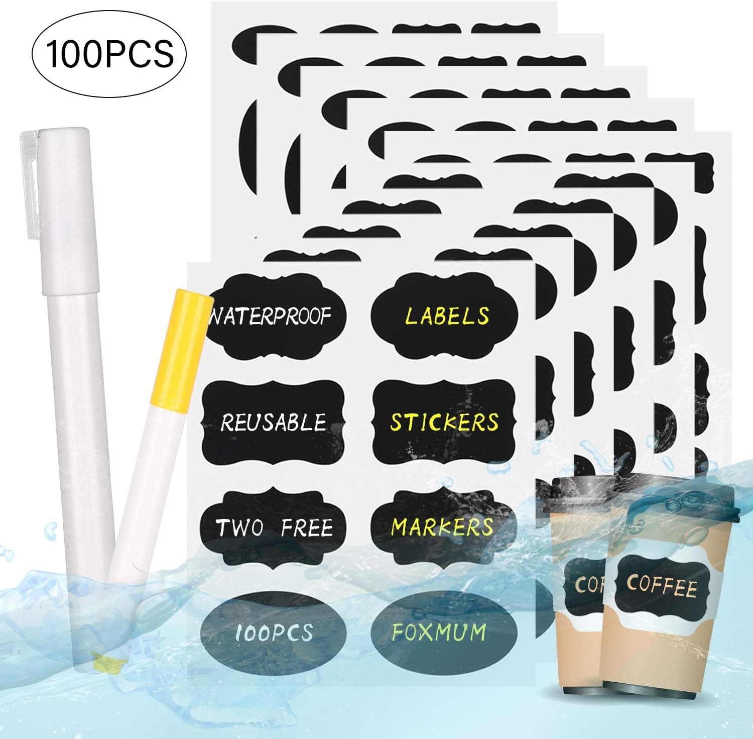Chalkboard Labels for Mason Jars - 100 Premium Reusable Chalkboard Stickers with White and Yellow Removable Chalk Markers
