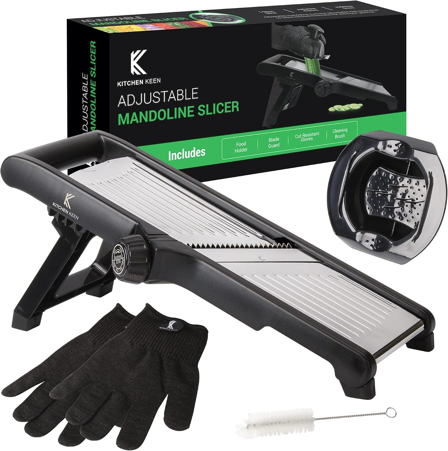 Kitchen Keen Adjustable Mandoline Slicer with Cut-Resistant Safety Gloves, Cleaning Brush and Holder