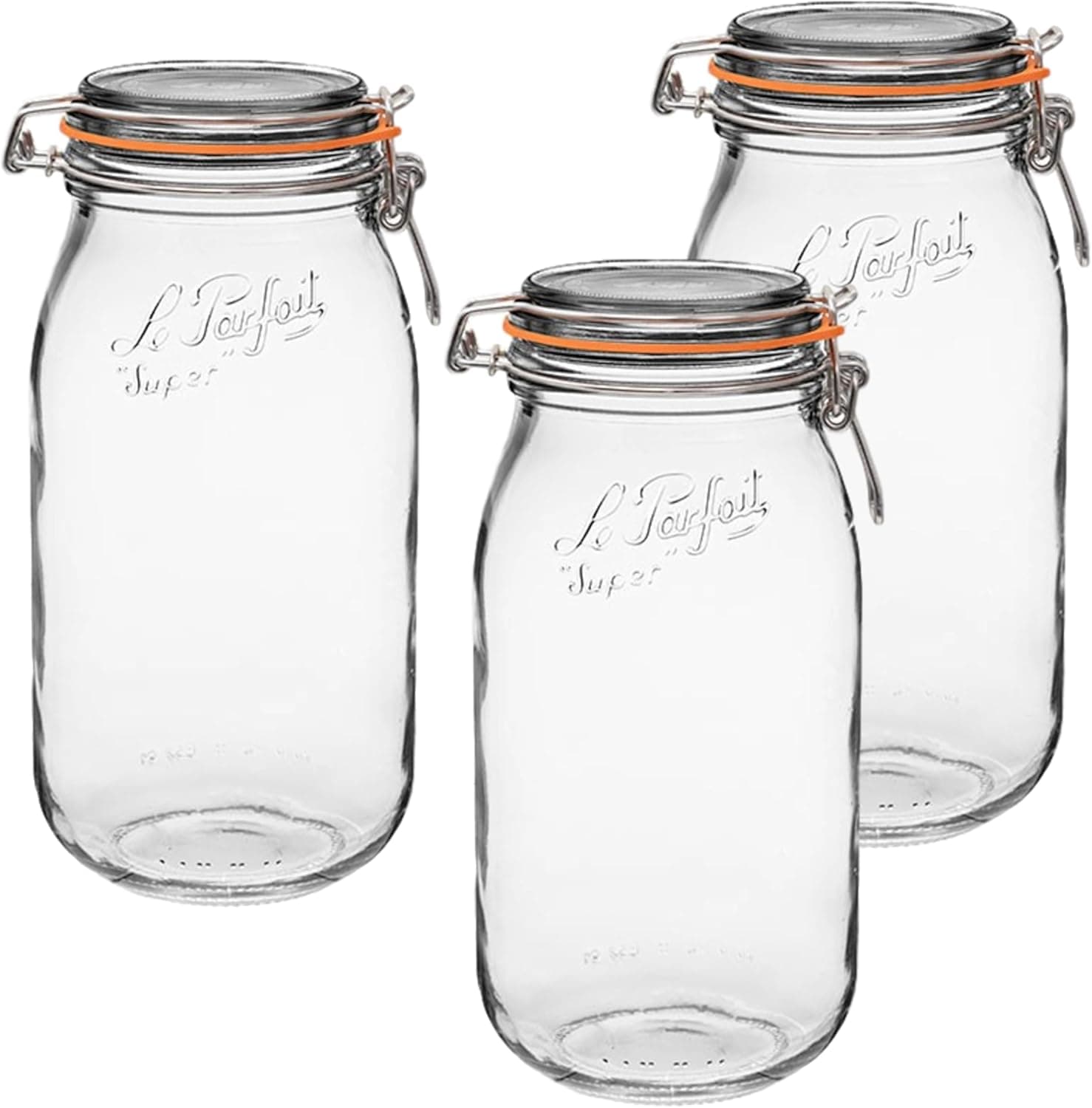 Le Parfait Super Jar 2L (64 oz) French Glass Preserving Jar with Airtight Rubber Seal and Wire Bail Closure, 3 Pack