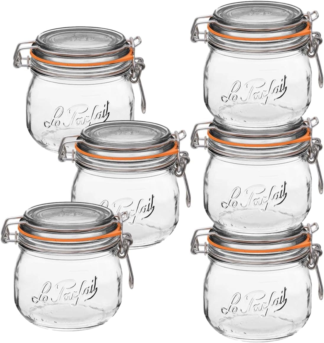 Le Parfait Super Jar 500 ml (16 oz) French Glass Preserving Jar with Airtight Rubber Seal and Wire Bail Closure, 6 Pack