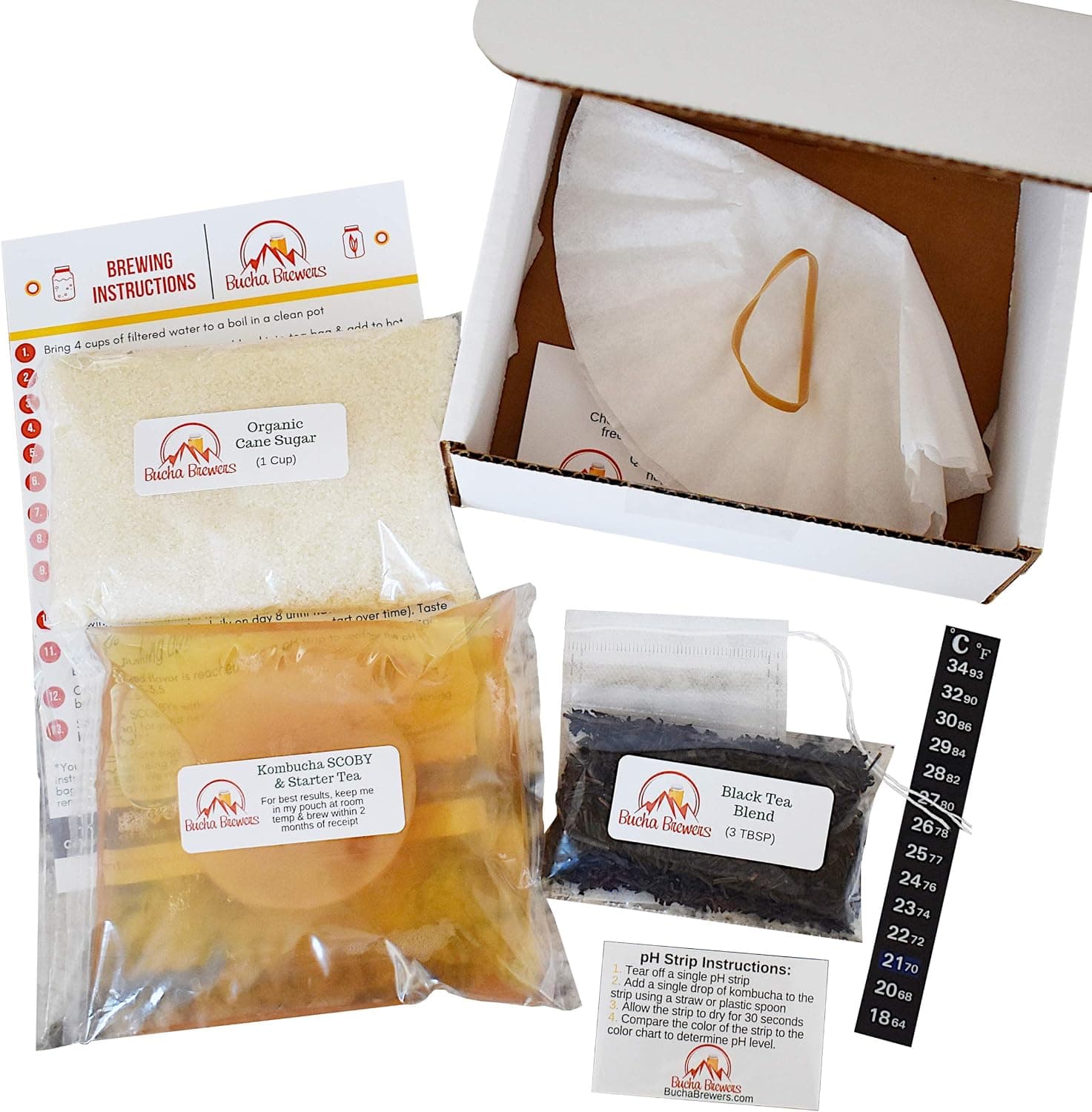 Kombucha Starter Kit with SCOBY, Starter Tea, Organic Sugar, Black Tea, pH Strips and Thermometer