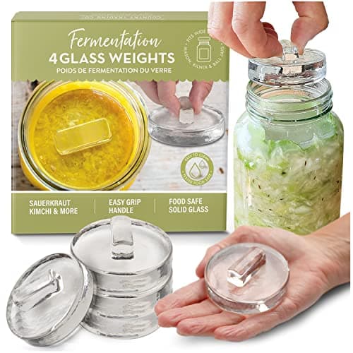 Glass Fermentation Weights for Wide Mouth Mason Jars - Set of 4, Easy Lift Handles - for Sauerkraut, Kimchi, Pickles & Kombucha