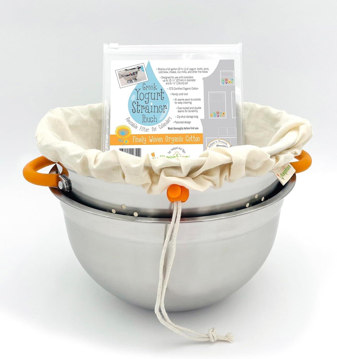 Kleynhuis Greek Yogurt Strainer Set with Stainless Steel Colander and Organic Cotton Pouch
