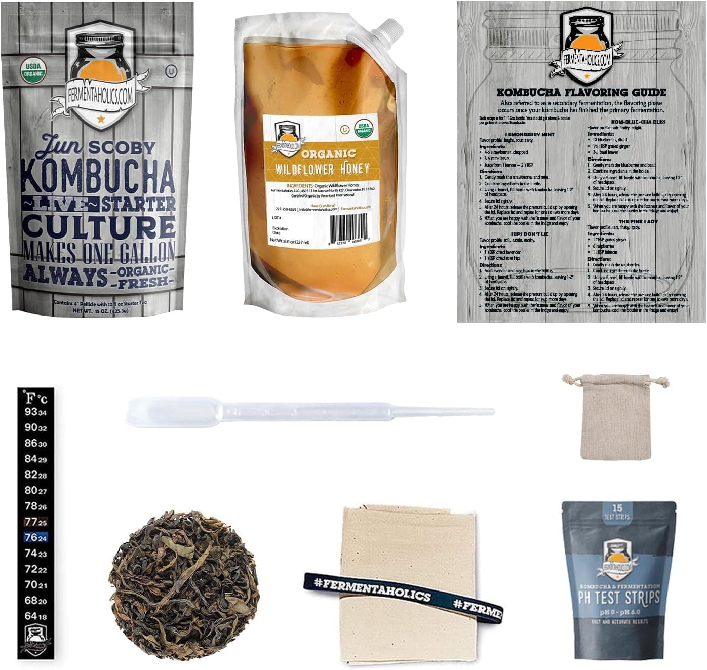 1 Gallon Jun Kombucha Starter Kit - USDA Organic Jun SCOBY, Starter Tea and Ingredients