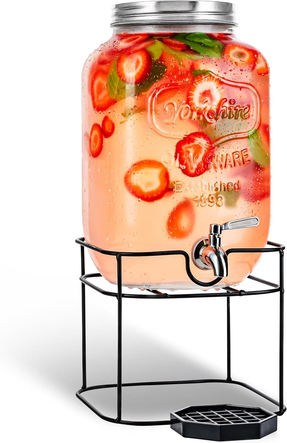 2 Gallon Glass Beverage Dispenser with Stainless Steel Spigot on Metal Stand, Decorative Mason Jar