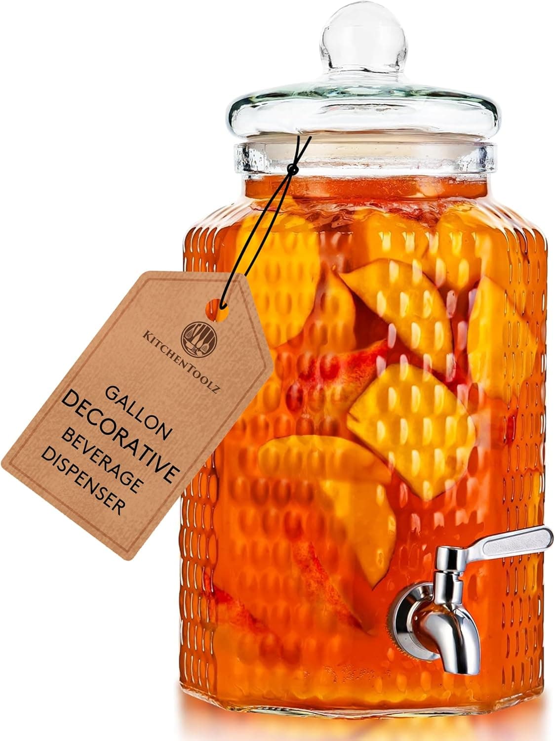 1 Gallon Decorative Sun Tea Glass Drink Dispenser with Stainless Steel Spigot, Vintage Mason Jar Style