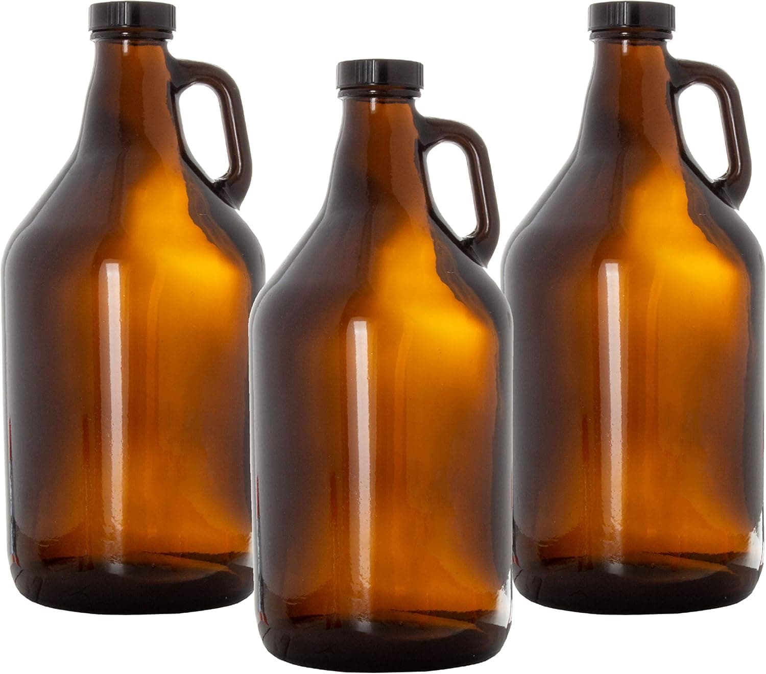 Ilyapa Amber Growlers for Beer, 3 Pack - 64 oz Half Gallon Glass Jug Set with Lids for Home Brewing and Kombucha