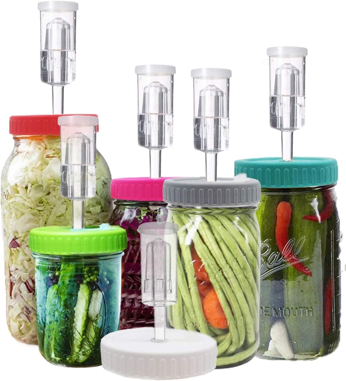 Fermentation Lids Kit for Wide Mouth Jars, 6 Set Plastic Fermenting Lids with 6 Airlocks, Grommets and Rings