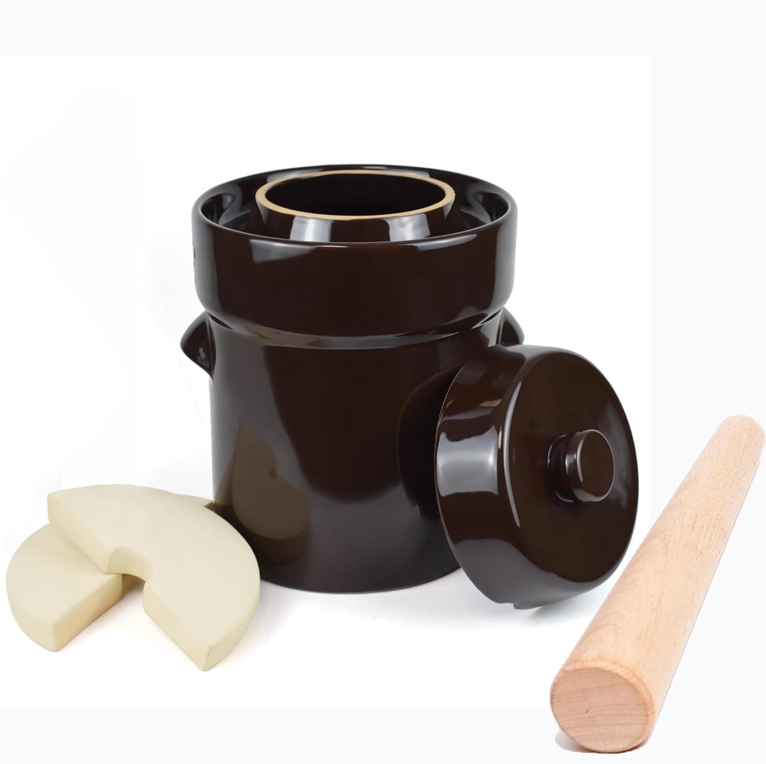 Fermentation Crock Jar 5 Liter / 1.3 Gallon - Stoneware Pot with Stone Weights, Lid and Pickle Tamper