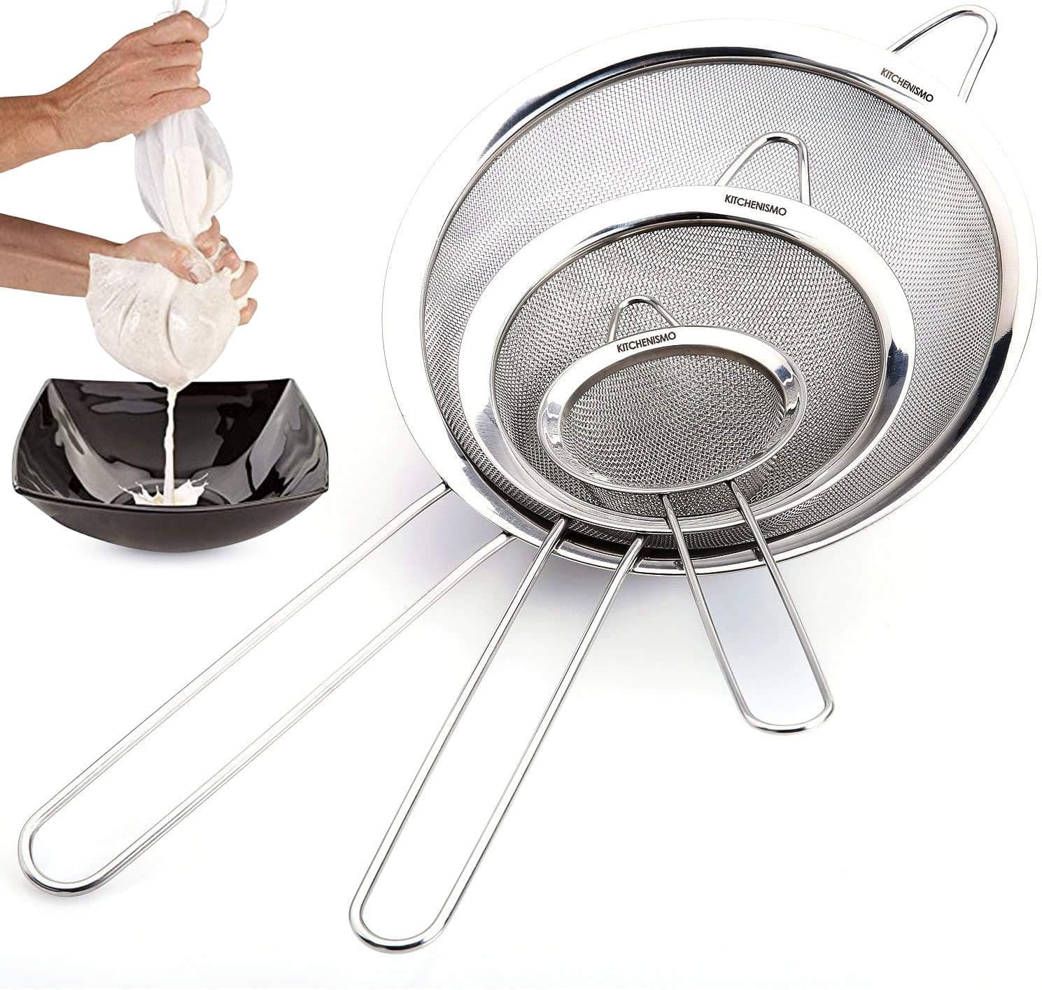 Fine Mesh Strainer - Set of 3 - Stainless Steel Sieve with Nut Milk Bag for Tea, Flour, Pasta, Rice, Silver