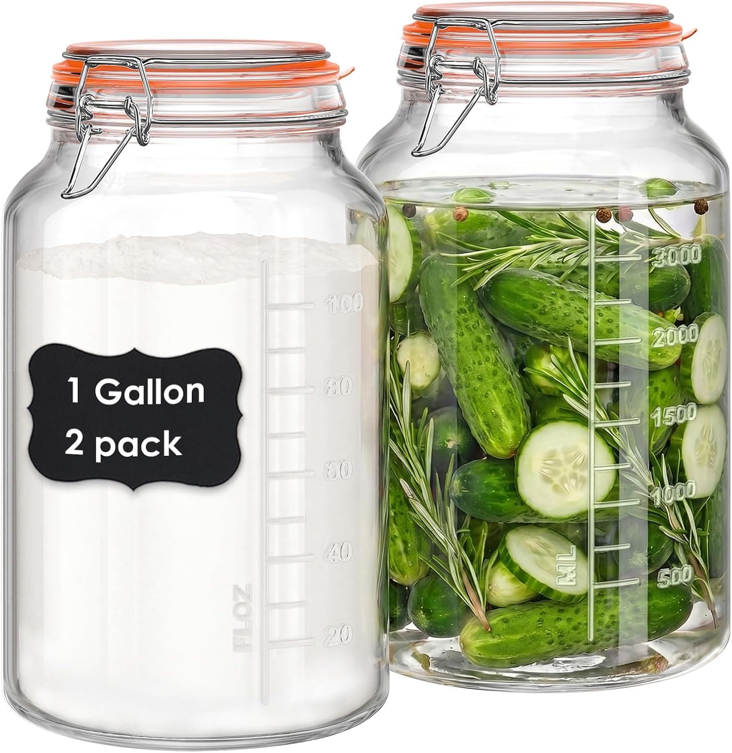 1 Gallon Glass Jars with Airtight Lid, 2 Pack Wide Mouth Mason Jars with Measurement Marks, 138oz