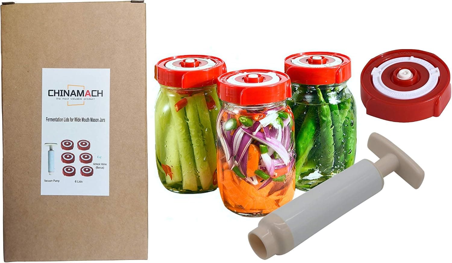 CHINAMACH Fermentation Lids Kit - 6 Pack Wide Mouth Mason Jar Fermenting Lids with Vacuum Pump