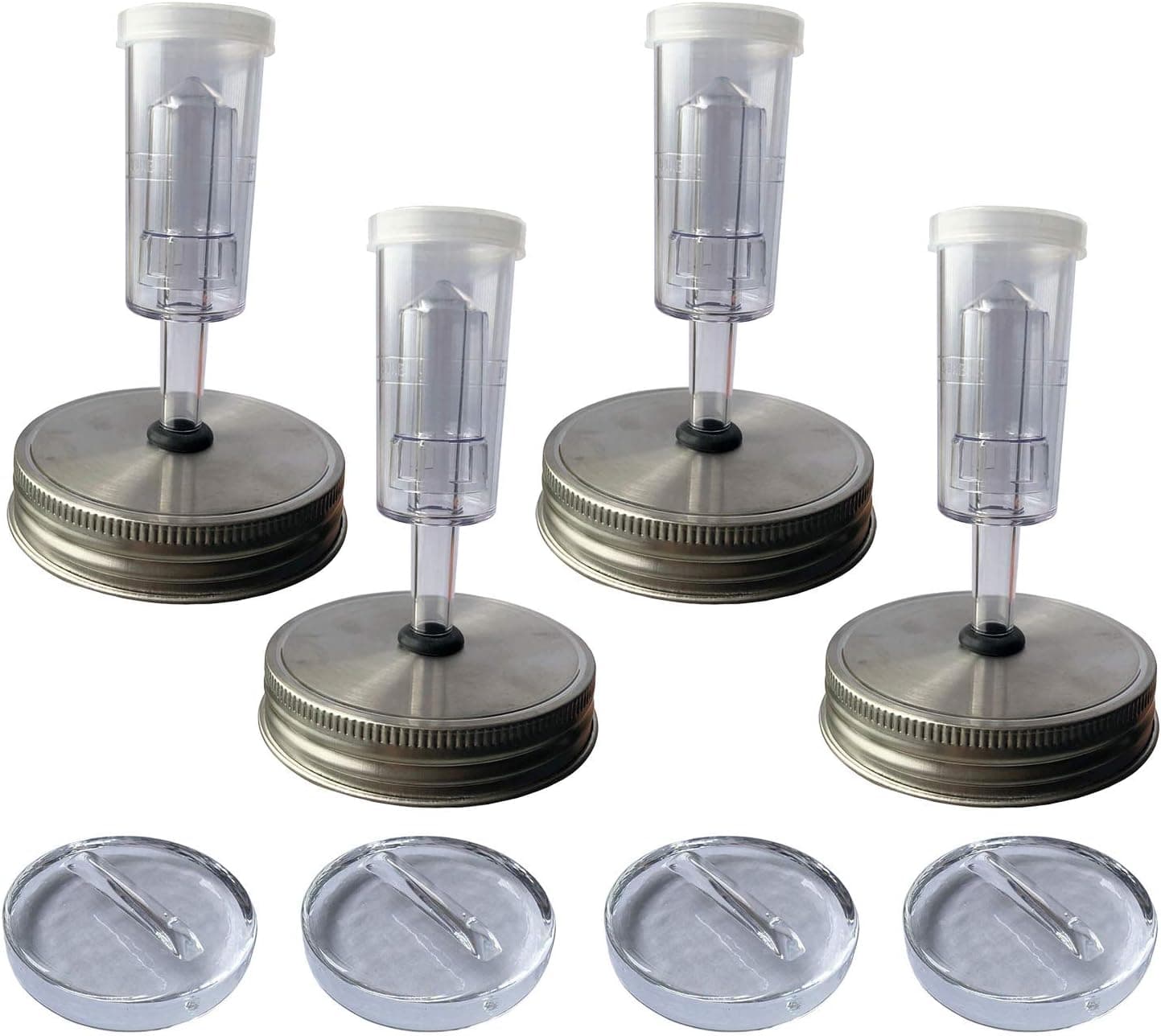 Fermentation Kit for Wide Mouth Jars - 4 Airlocks, 4 Stainless Steel Fermenting Lids with Silicone Rings, 4 Glass Jars