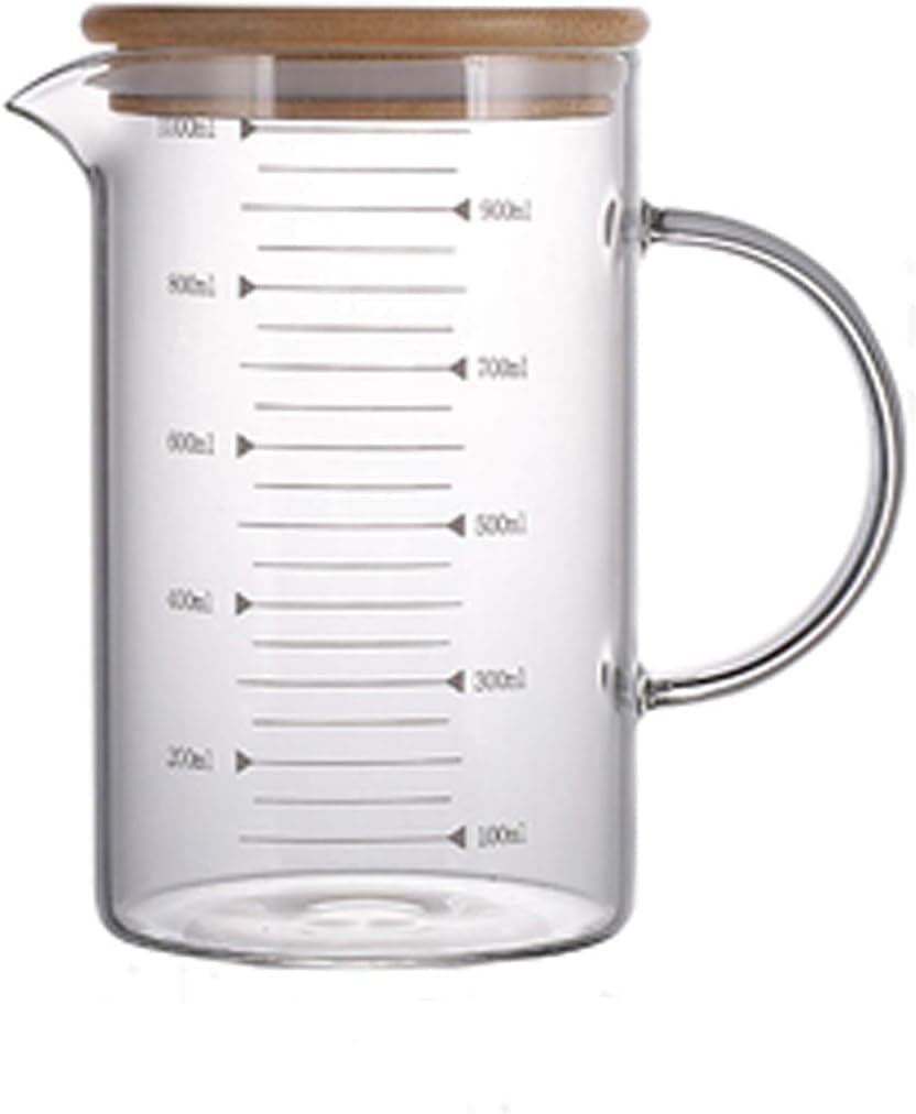 1L Glass Measuring Cup Jug with Lid, Large Measuring Pitcher with Spout and Insulated Handle