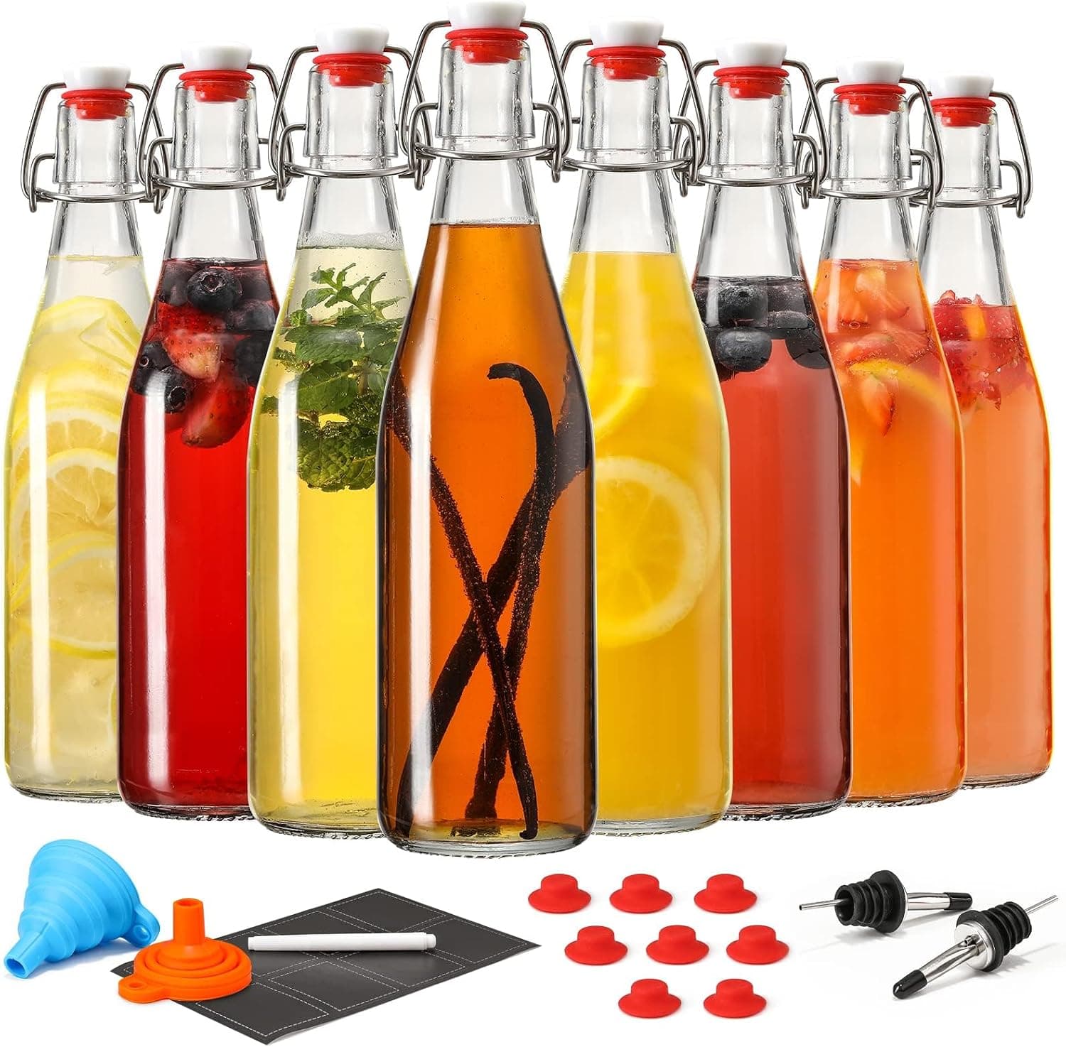 8 Set 16 OZ Swing Top Glass Bottles, Flip Top Beer Brewing Bottles with Stopper for Fermentation, Kombucha, Mead, Kefir