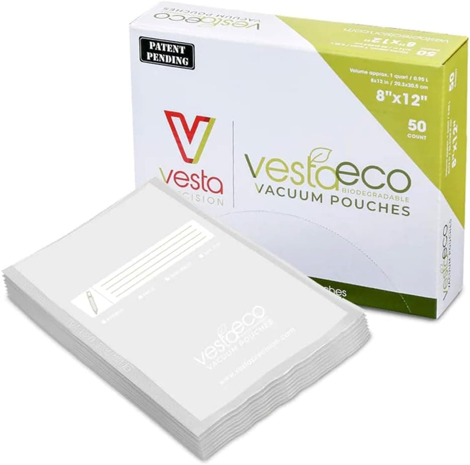 VestaEco Compostable Vacuum Seal Bags, Embossed, Certified Compostable, 8 x 12 Inches, 50 Bags per Box