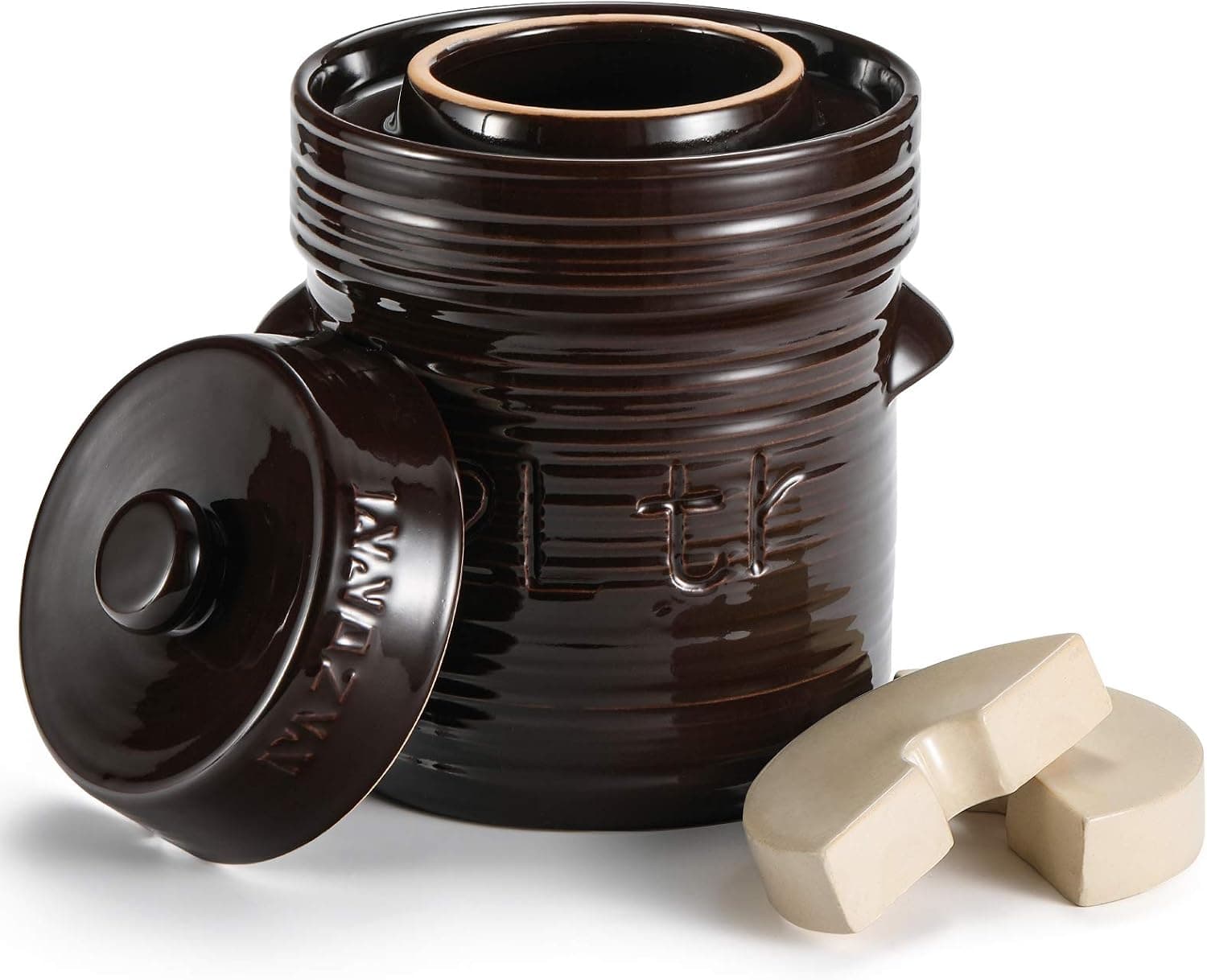Razorri Comodo Sauerkraut Ceramic Fermentation Crock - 2 Liter Traditional Water-Sealed Jar with Glazed Weights