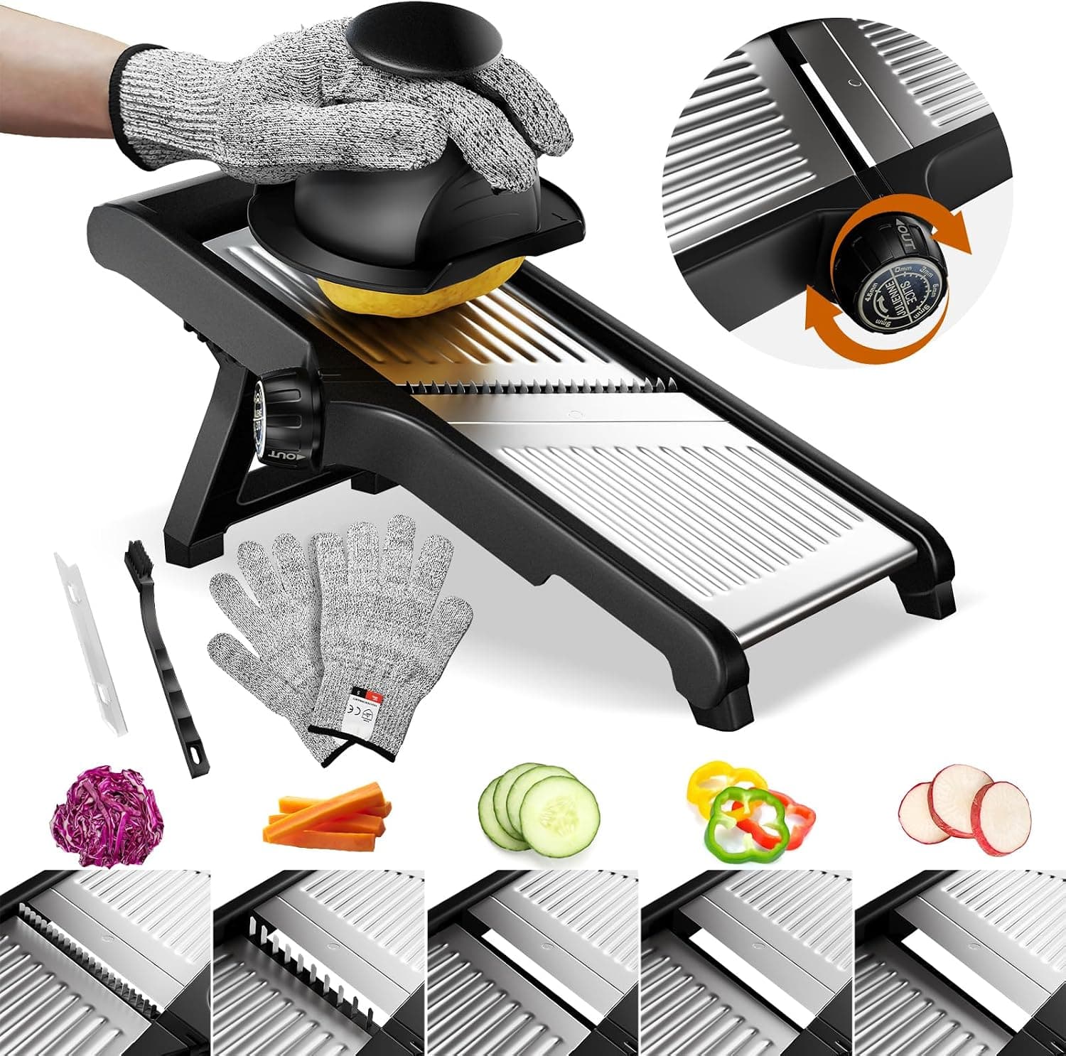 Adjustable Mandoline Slicer for Kitchen with Cut-Resistant Gloves, Stainless Steel Vegetable Chopper