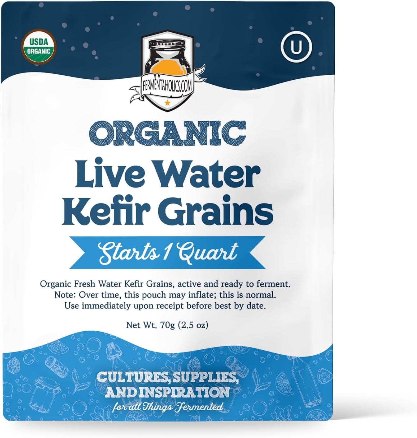 Fermentaholics Organic Live Water Kefir Grains - 70 g Fresh Starter Culture, Makes 1 Quart