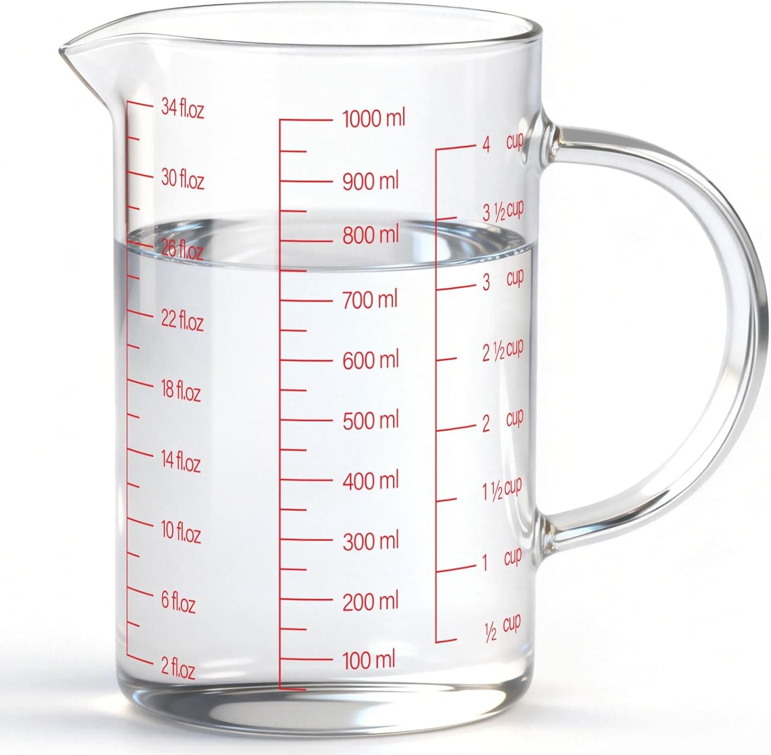Luvan 34oz/1000ml Glass Measuring Cup with 3 Scales, High Borosilicate with Handle and V-Shaped Spout