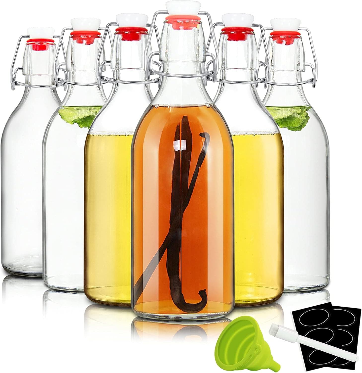 YEBODA 16oz Swing Top Bottles, Glass Beer Bottle with Airtight Rubber Seal Flip Caps for Home Brewing Kombucha (6 Pack)
