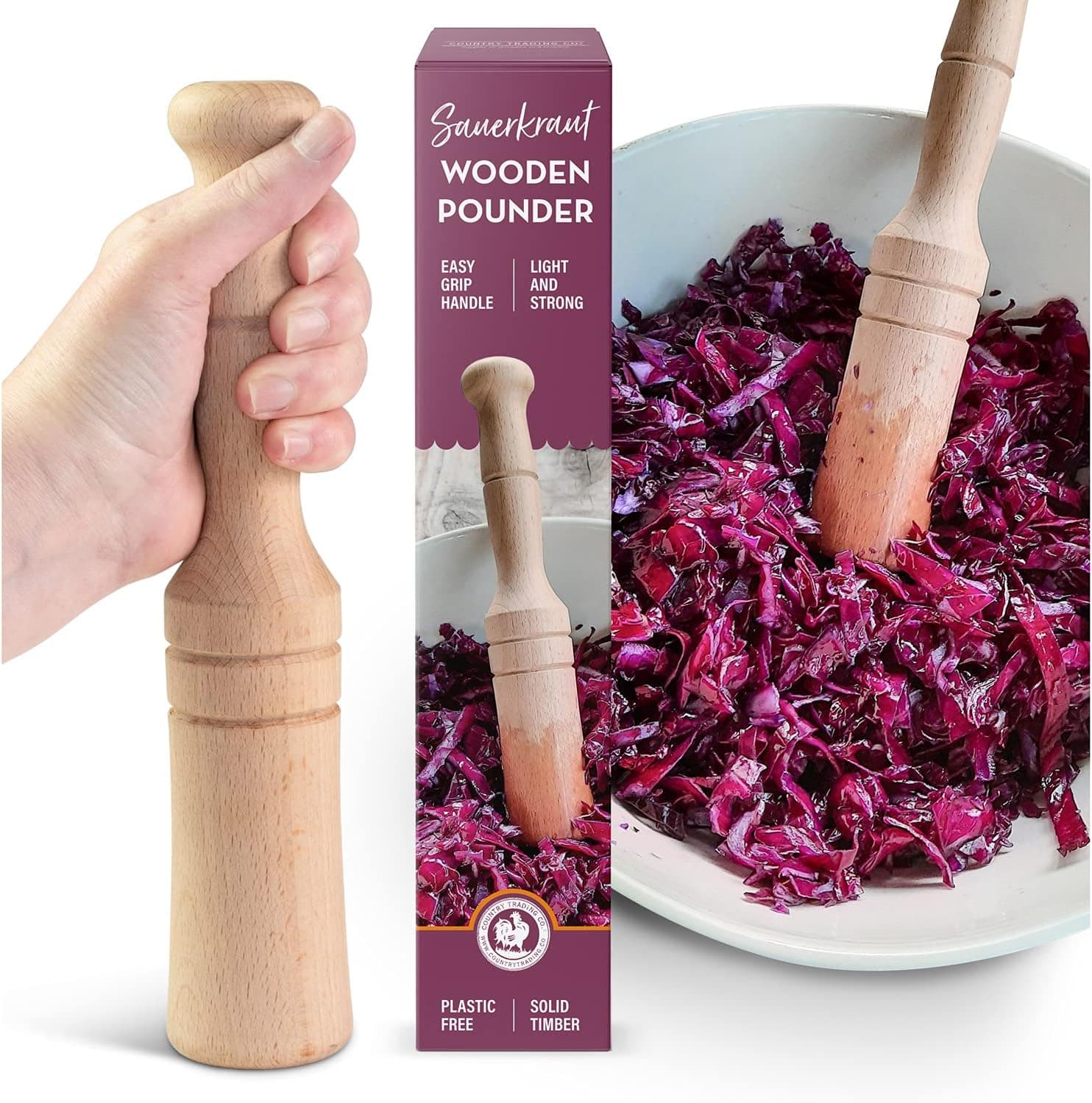 Sauerkraut Pounder - Solid Wooden Tamper for Sauerkraut, Kimchi and Meat Tenderizing