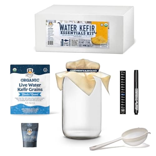 Water Kefir Essentials Kit - ORGANIC WATER KEFIR GRAINS (starter culture) + 1-Quart Glass Fermenting Jar with Breathable Cover + Rubber Band + Adhesive Thermometer - Brew Water Kefir at Home